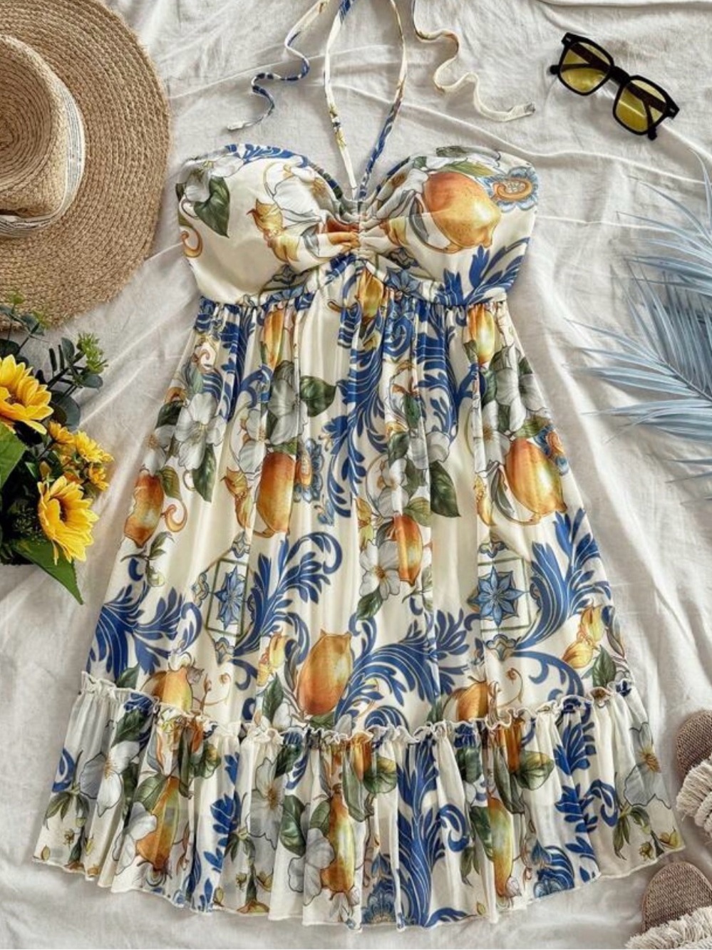 Lemon Halter Mini Dress in Cream, Blue & Yellow
